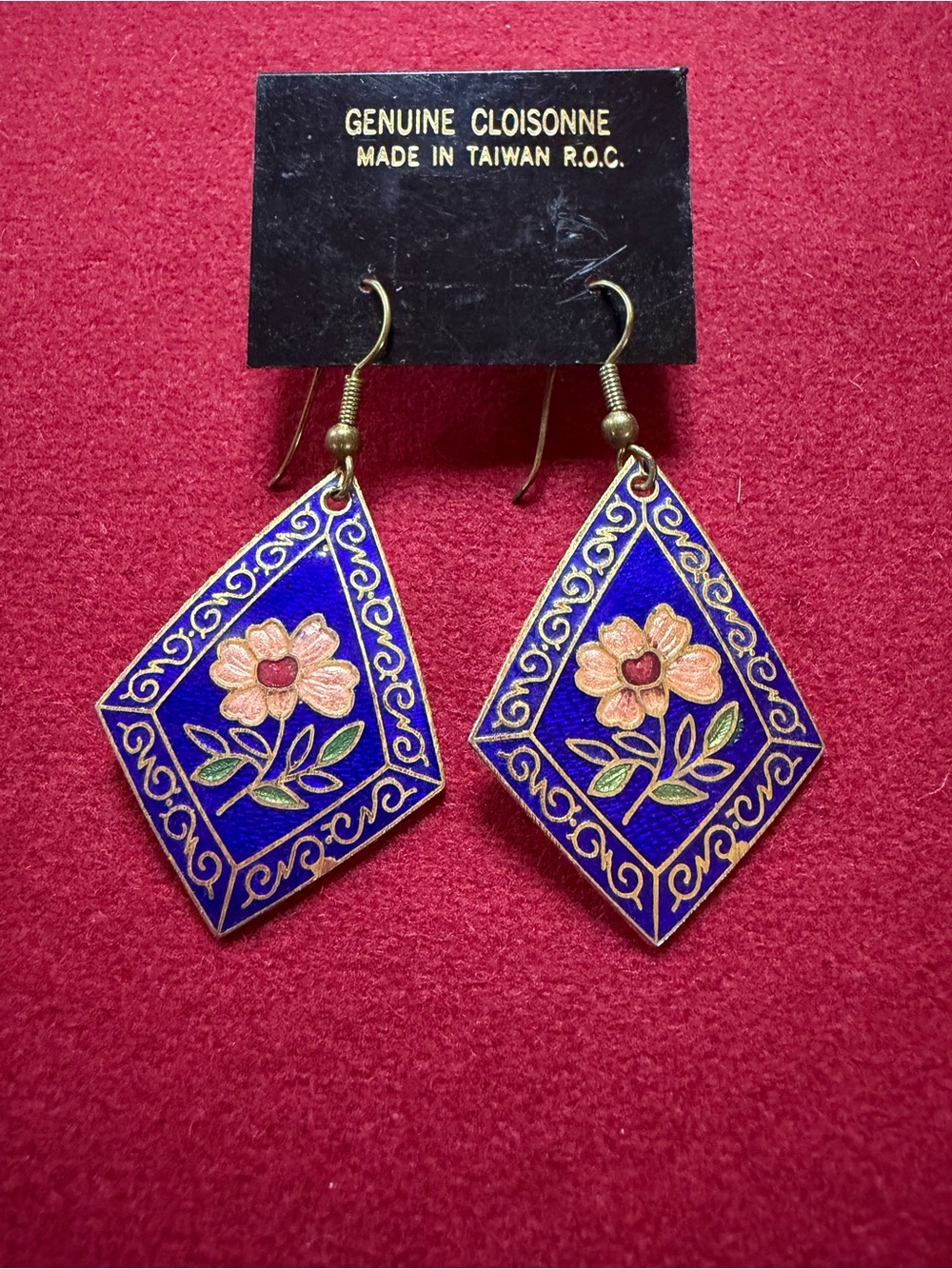 Vintage Cloisonne Blue Floral Drop Earrings - Made in Taiwan